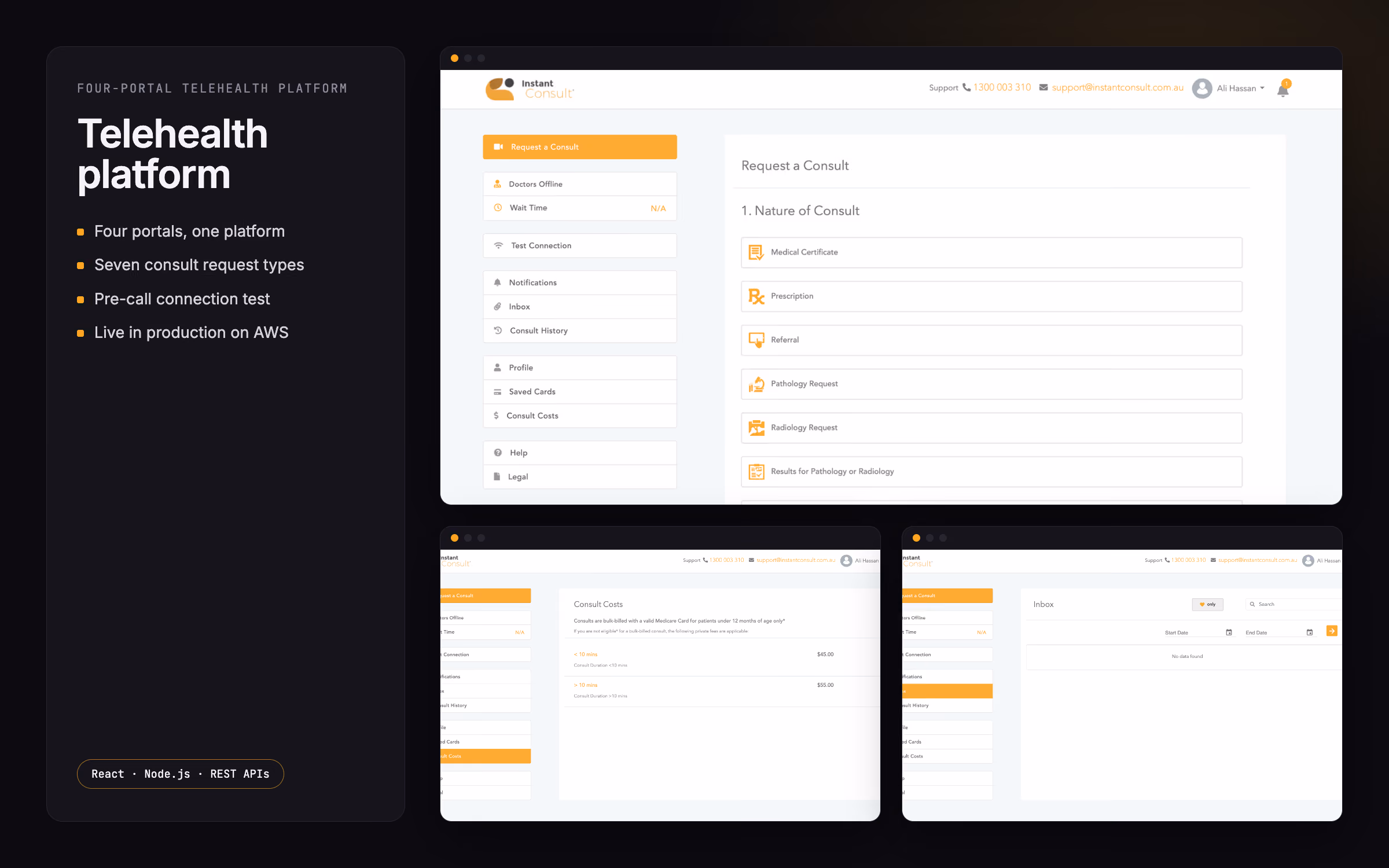 Patient portal request-a-consult flow with seven consult types, consult costs and the patient inbox.